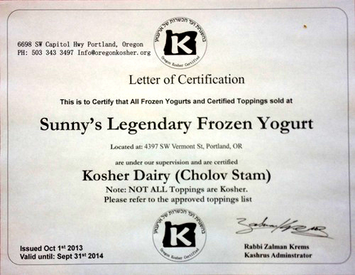 Sunny's Legendary Frozen Yogurt — Oregon Kosher Certified